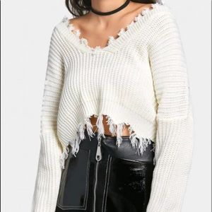 Zaful - Oversized Frayed Cropped Pullover Sweater